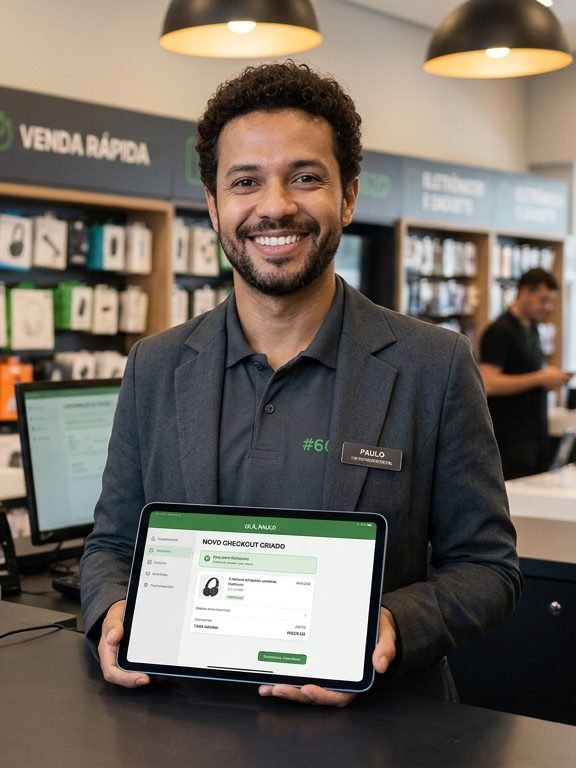 Lojista de eletrônicos mostrando um checkout criado no tablet