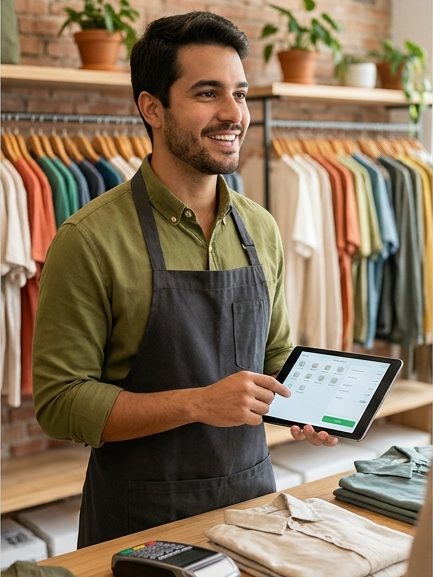 Lojista de moda masculina segurando um tablet com o painel do Limoo Checkout